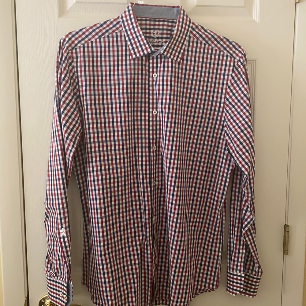 Plaid red blue Bugatchi dress shirt size 17 1/2